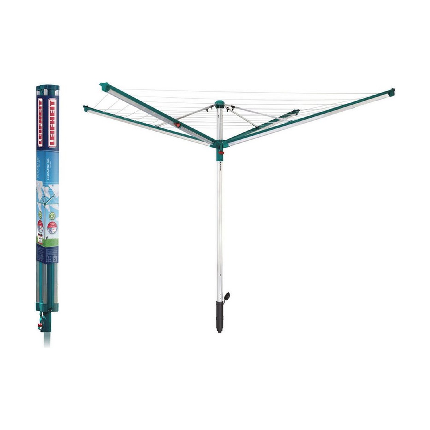 Leifheit Wäschespinne Linomatic 500 Deluxe, 50 m Leinenlänge, Silber, Grün