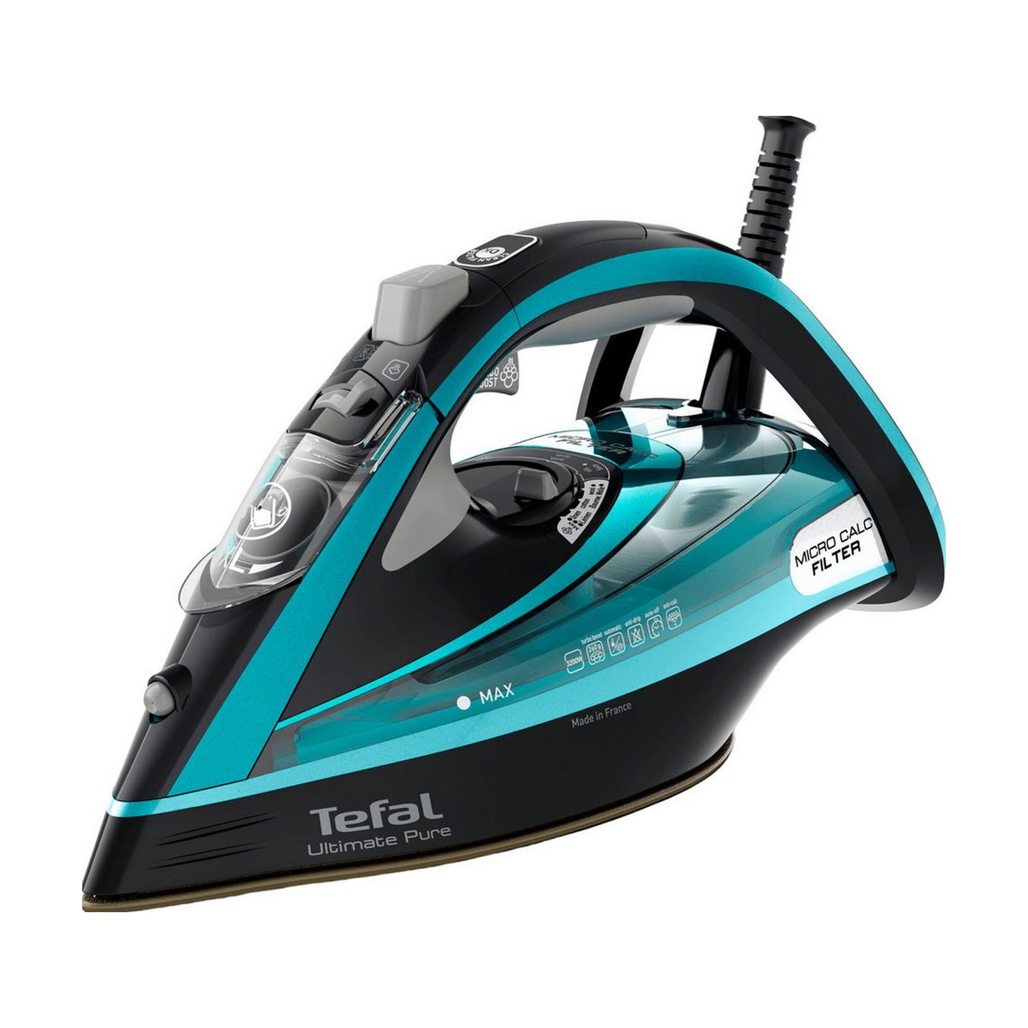 Tefal FV9844 Ultimate Pure Dampfbügeleisen, 3200 W, türkis, Durilium Airglide, 350 ml Wassertank